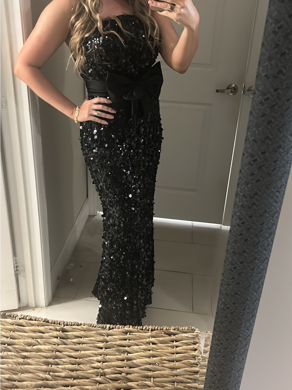 Ieena Mac Duggal Black Strapless Sequin Evening Gown With Bow